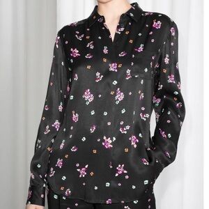 & Other Stories - NWT women’s black satin floral print shirt button down top 4